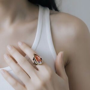 Artisan Silver Ring with Orange Crystal Stone Size 6